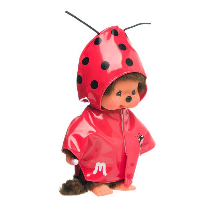 Official Sekiguchi 8-inch Monchhichi Girl doll in a Ladybug coat costume, often searched as a Monchichi ladybug plush.