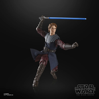 Hasbro Star Wars Black Series Anakin Skywalker action figure posed with blue lightsaber on black background