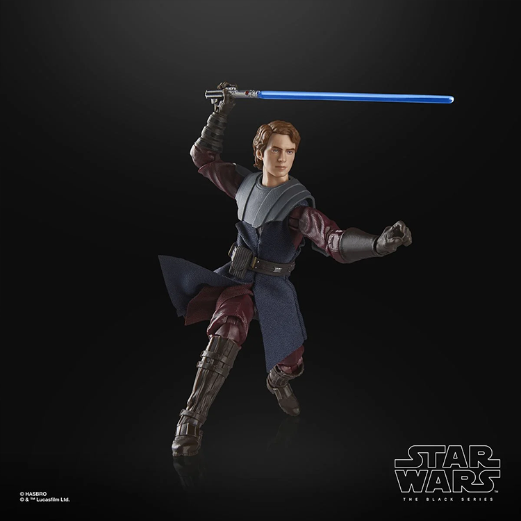 Hasbro Star Wars Black Series Anakin Skywalker action figure posed with blue lightsaber on black background
