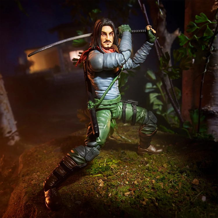 Kyle Budo action figure from Hasbro GI Joe Classified Series posed wielding katana in forest scene background