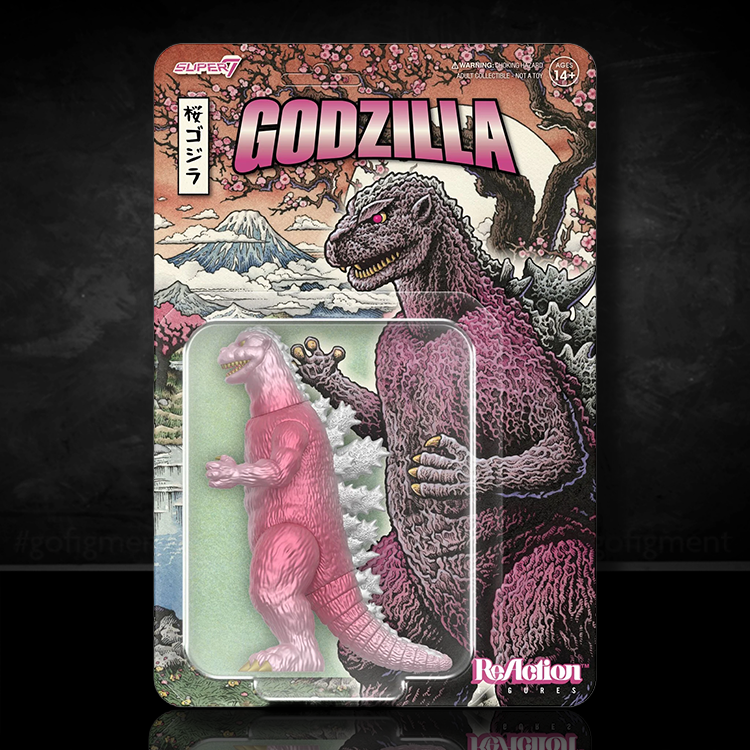 Godzilla Cherry Blossom Festival ReAction figure in blister pack with pink design and Super7 logo on illustrated card back