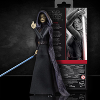 Hasbro Star Wars Black Series Barriss Offee 6-inch action figure with lightsaber in front of packaging