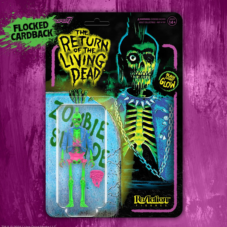 Return of the Living Dead Blacklight Male Zombie ReAction Figure by Super7 in aged blister card packaging with glow effect
