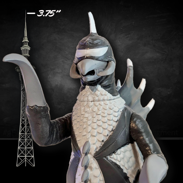 Super7 Gigan Silver Screen Edition action figure in gray with sharp claws and scaled chest close-up on black background