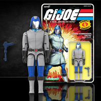 Hasbro GI Joe Cobra Commander Arctic ReAction+ 1/18 scale figure with pistol accessory and vintage packaging background