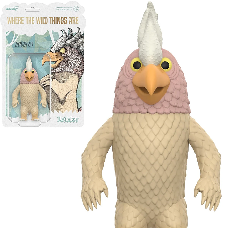 Super7 Where the Wild Things Are Douglas monster action figure with beige scales and pink head in packaging and standalone view