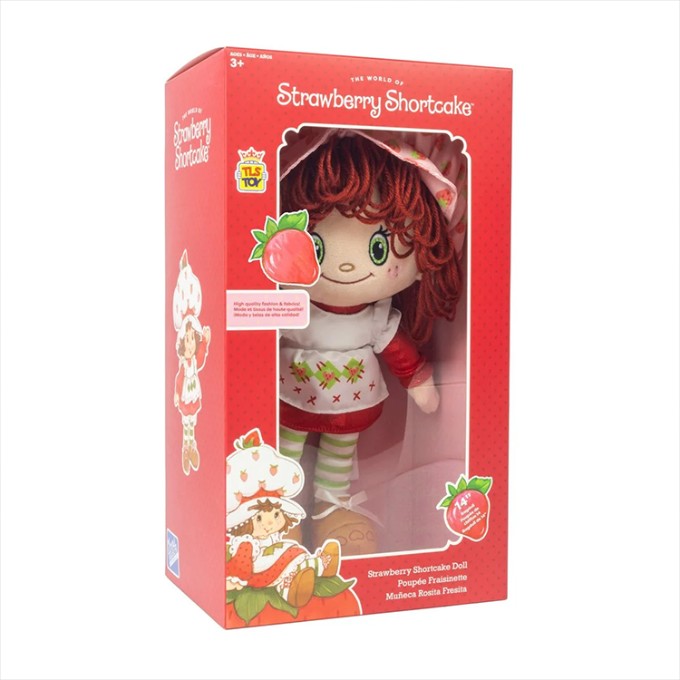 Strawberry Shortcake plush doll with yarn hair in red packaging by Loyal Subjects, 14-inch classic rag doll style
