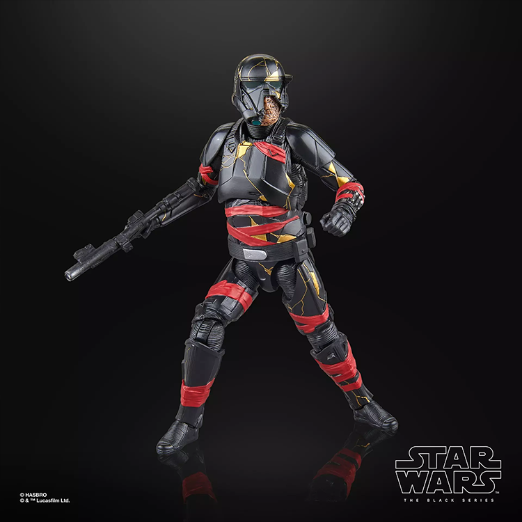 Hasbro Star Wars Black Series Night Trooper action figure with red accents and detailed battle damage pose against black background