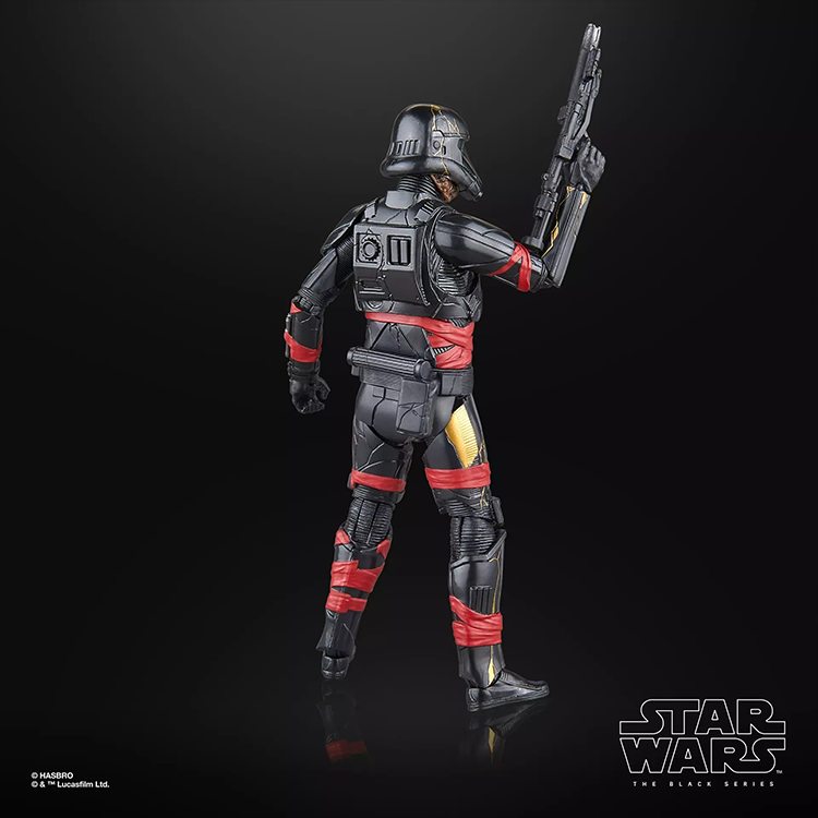 Hasbro Star Wars Black Series Night Trooper action figure with black armor and red detail holding a blaster gun against black background