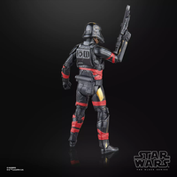 Hasbro Star Wars Black Series Night Trooper action figure with detailed armor and red accents posed with blaster on black background