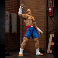 Jada Toys Ultra Street Fighter II Sagat deluxe 6-inch action figure in blue shorts posed in brick background setting