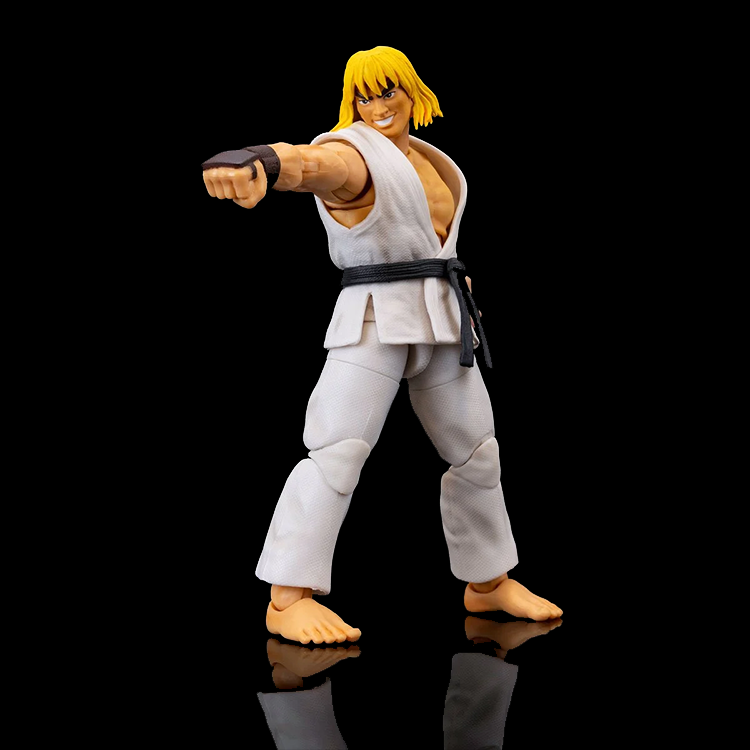 Jada Toys Ultra Street Fighter II Ken Player 2 action figure in white gi with black belt in punching pose on black background