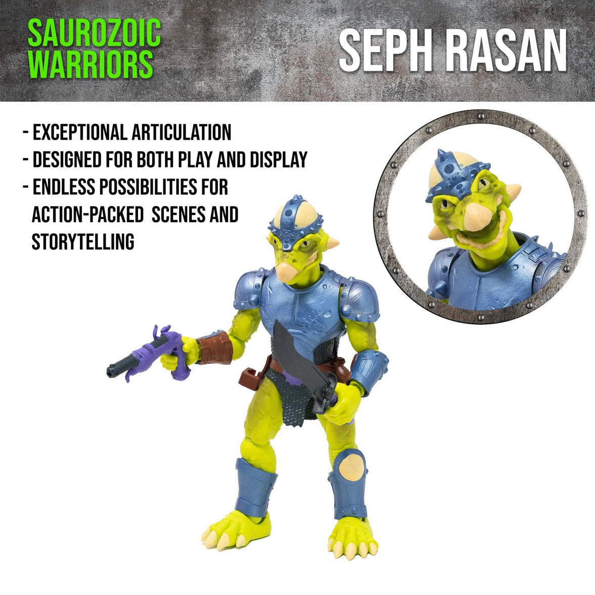 Articulated dinosaur warrior toy Seph Rasan in a charging pose with flintlock blaster and sword. Vibrant lime-green dinosaur soldier from the Saurozoic Warriors series.