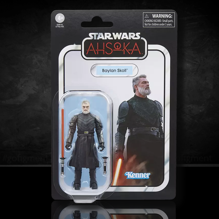 Kenner Star Wars Ahsoka Baylan Skoll action figure with orange lightsaber in vintage collection blister pack