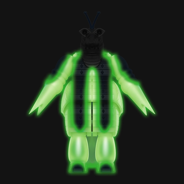 Moguera '57 glowing ReAction figure by Super7 shown in bright green illumination against black background