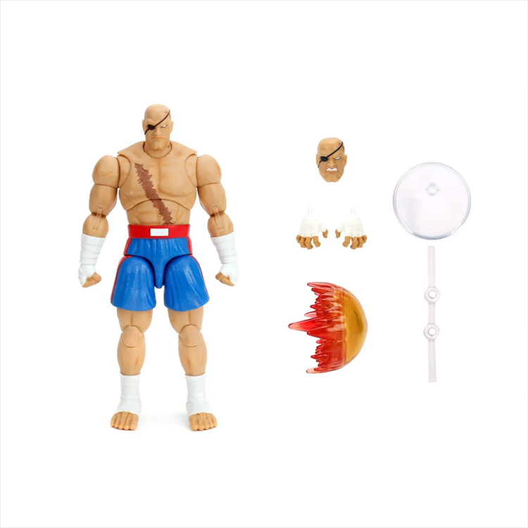 Jada Toys Ultra Street Fighter II Sagat 6-inch action figure with extra face, hands, energy effect, and display stand