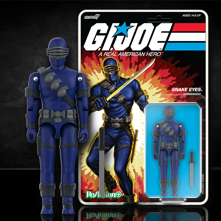 Hasbro GI Joe Snake Eyes Commando blue action figure with sword in blister card packaging from ReAction+ series