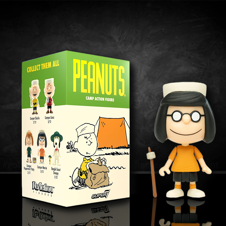 Super7 Peanuts Camper Marcie 3.75 inch action figure with marshmallow stick and display box on black background