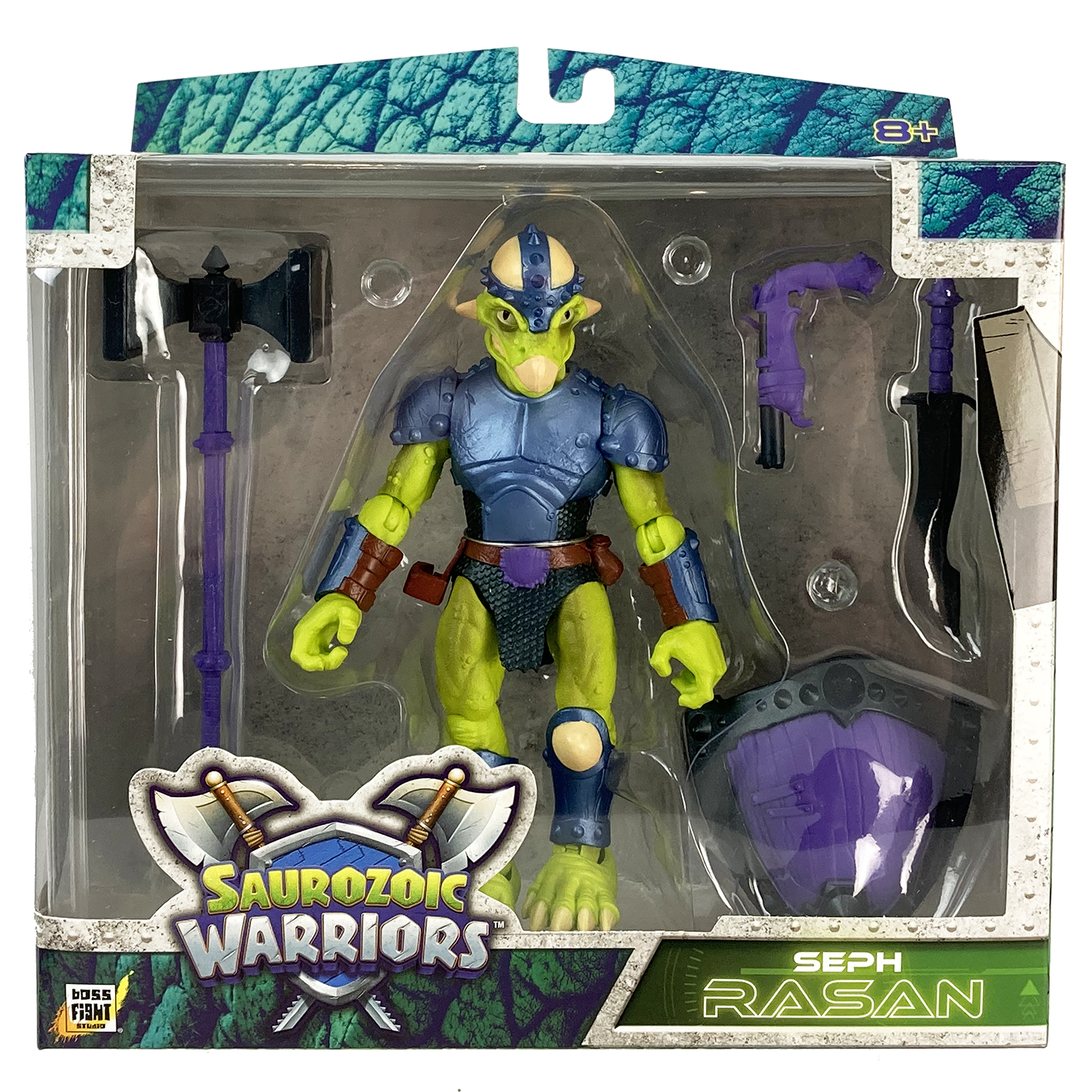Articulated dinosaur warrior toy Seph Rasan in a charging pose with flintlock blaster and sword. Vibrant lime-green dinosaur soldier from the Saurozoic Warriors series.