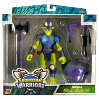 Articulated dinosaur warrior toy Seph Rasan in a charging pose with flintlock blaster and sword. Vibrant lime-green dinosaur soldier from the Saurozoic Warriors series.