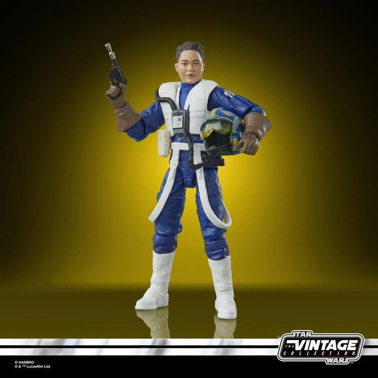 Kenner Star Wars Vintage Collection Lt. Callahan action figure holding helmet and blaster on yellow background