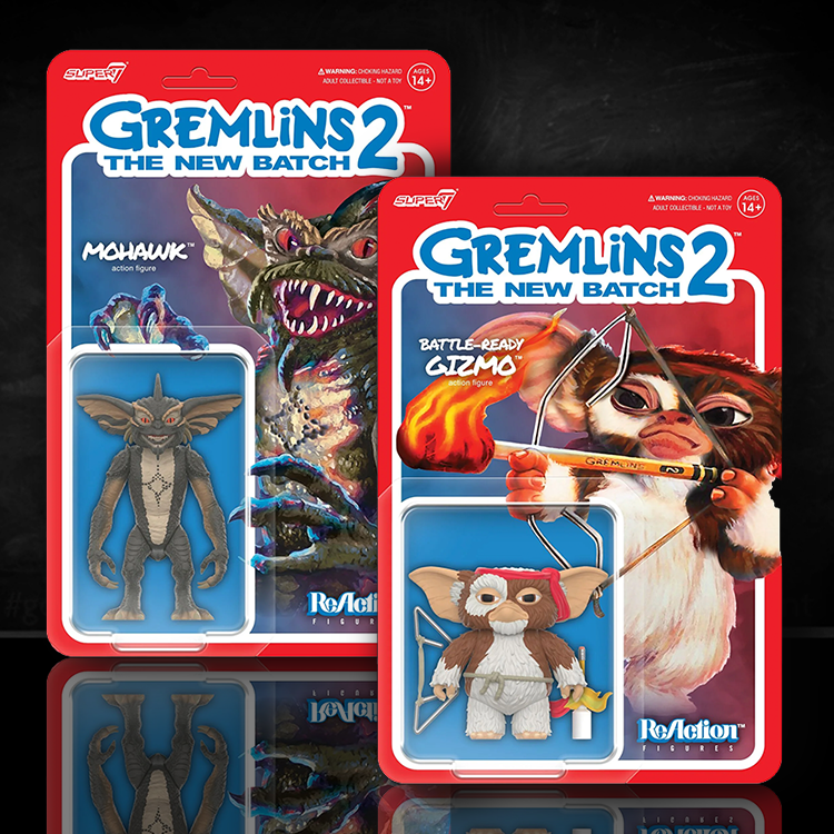 Two Super7 Gremlins 2 ReAction Figures pack featuring Mohawk and Battle Ready Gizmo in vintage-style packaging
