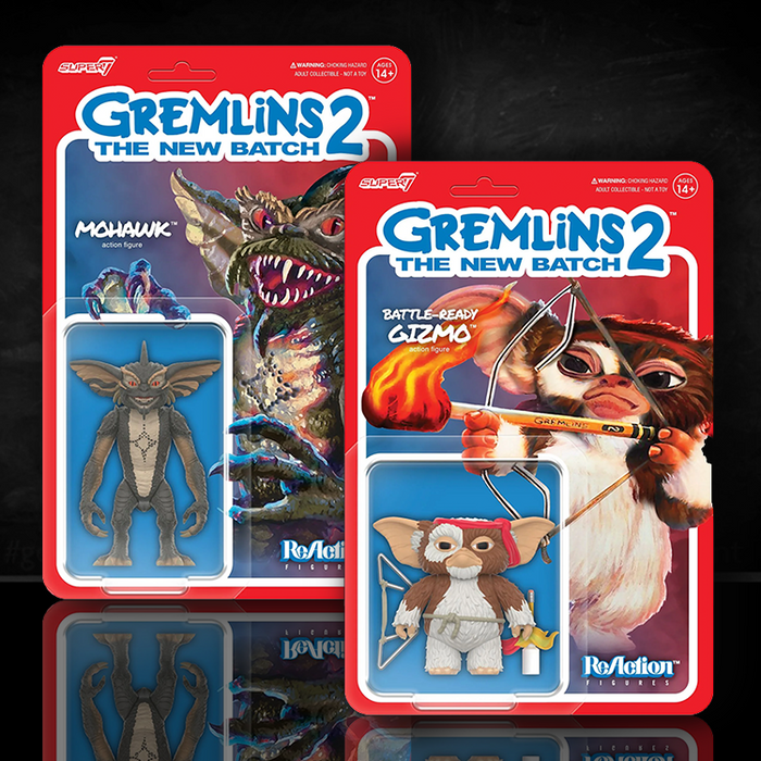 Two Super7 Gremlins 2 ReAction Figures pack featuring Mohawk and Battle Ready Gizmo in vintage-style packaging