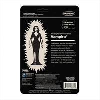 Super7 Vampira ReAction Figure packaging back with character description and proof of purchase details on black cardback