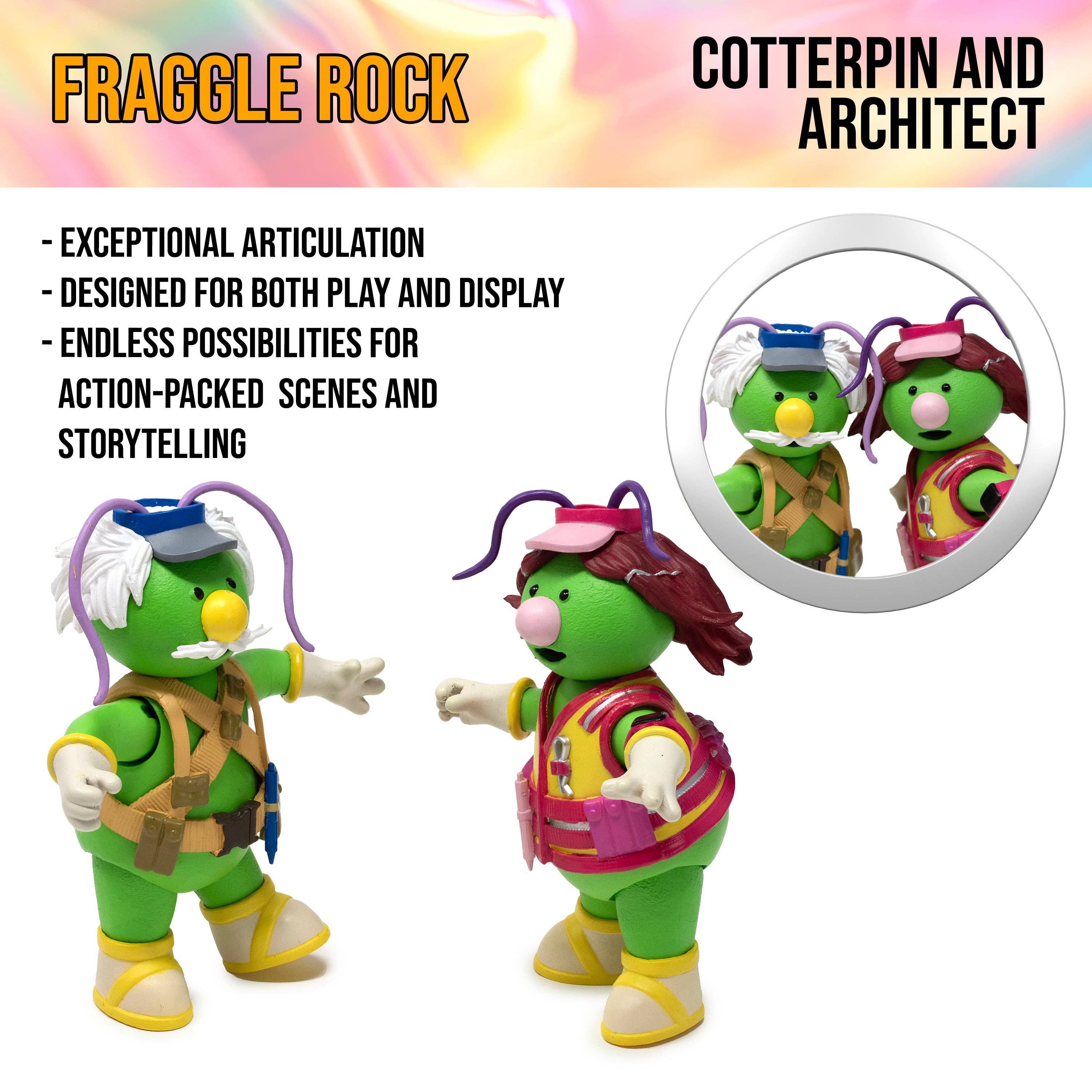 Boss Fight Studio Llc Fraggle Rock Cotterpin and Architect figures in colorful outfits with articulated limbs on white background