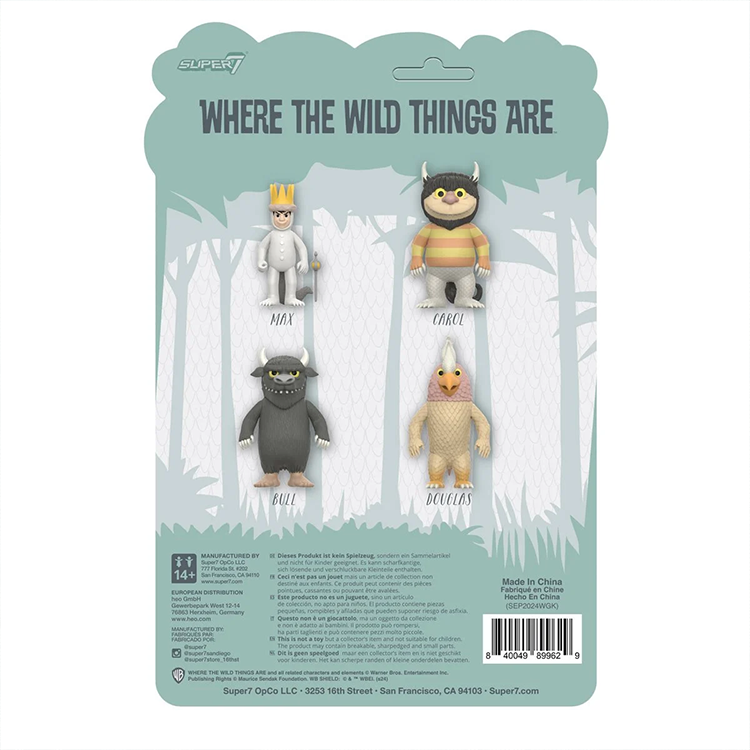 Super7 Where the Wild Things Are action figure set back packaging showing Max, Carol, Bull, and Douglas designs