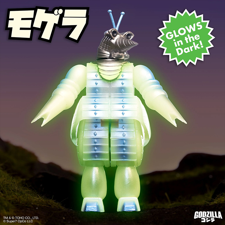 Moguera ’57 glowing ReAction figure by Super7 with robotic design and green illuminated body against dark background