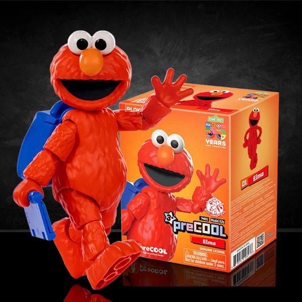 Blokees Elmo Sesame Street mini model kit with posable red figure standing next to colorful branded packaging box