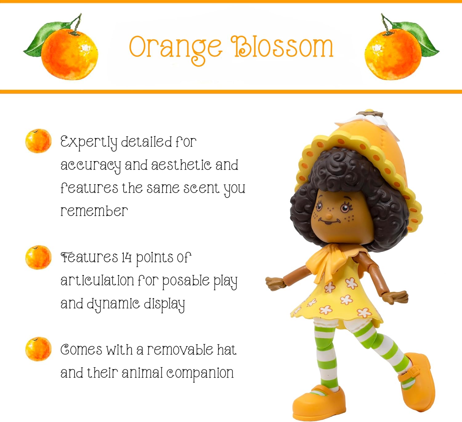 Boss Fight Studio Llc Orange Blossom figure with curly hair, yellow dress, green striped leggings, removable hat, and animal companion