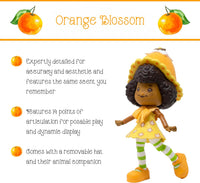 Boss Fight Studio Llc Orange Blossom figure with curly hair, yellow dress, green striped leggings, removable hat, and animal companion