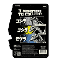 Super7 monster collectible card back featuring Godzilla skeleton, Godzilla '55, and Moguera '57 designs on black background
