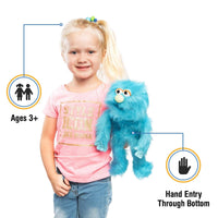 Silly Puppets - Silly Puppets Monster, Blue (14") plush with fuzzy texture and green nose held by a child ages 3+