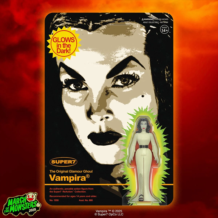 Vampira glow-in-the-dark 3.75-inch ReAction figure by Super7 in original branded packaging with fiery background
