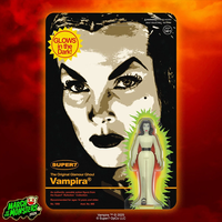Vampira glow-in-the-dark 3.75-inch ReAction figure by Super7 in original branded packaging with fiery background