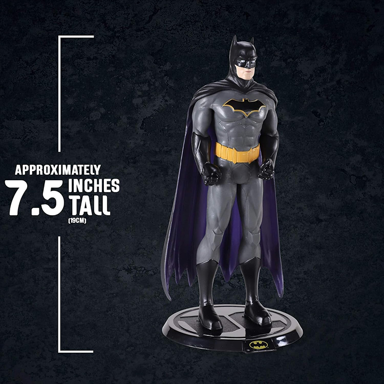 The Noble Collection Batman BendyFig figure standing on black base with yellow bat symbol approximately 7.5 inches tall