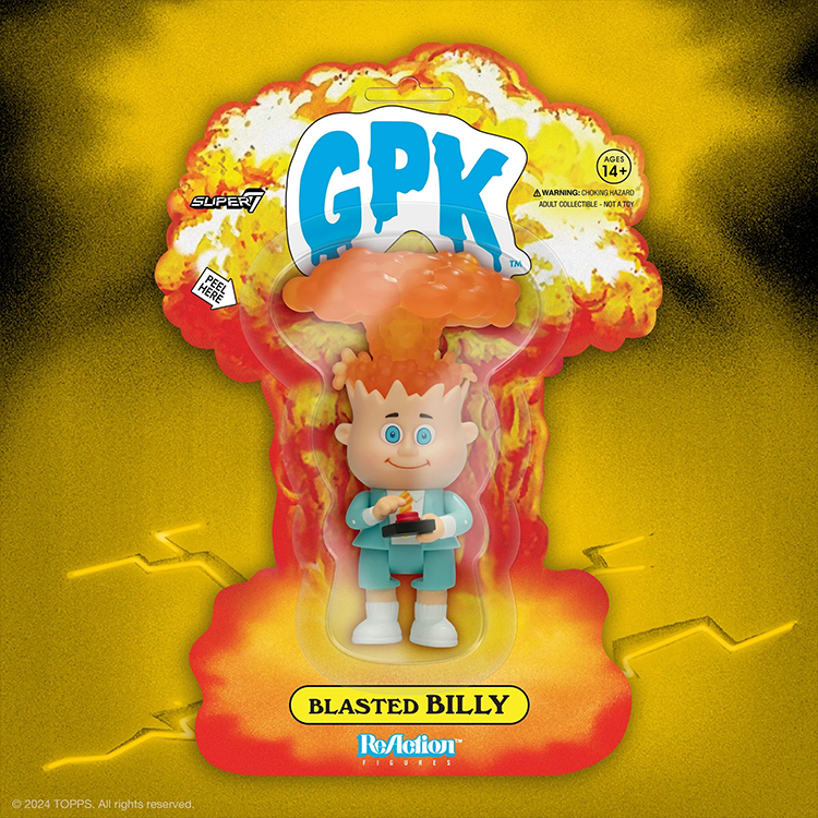 Garbage Pail Kids Blasted Billy figure with explosion backdrop in Super7 ReAction collectible packaging