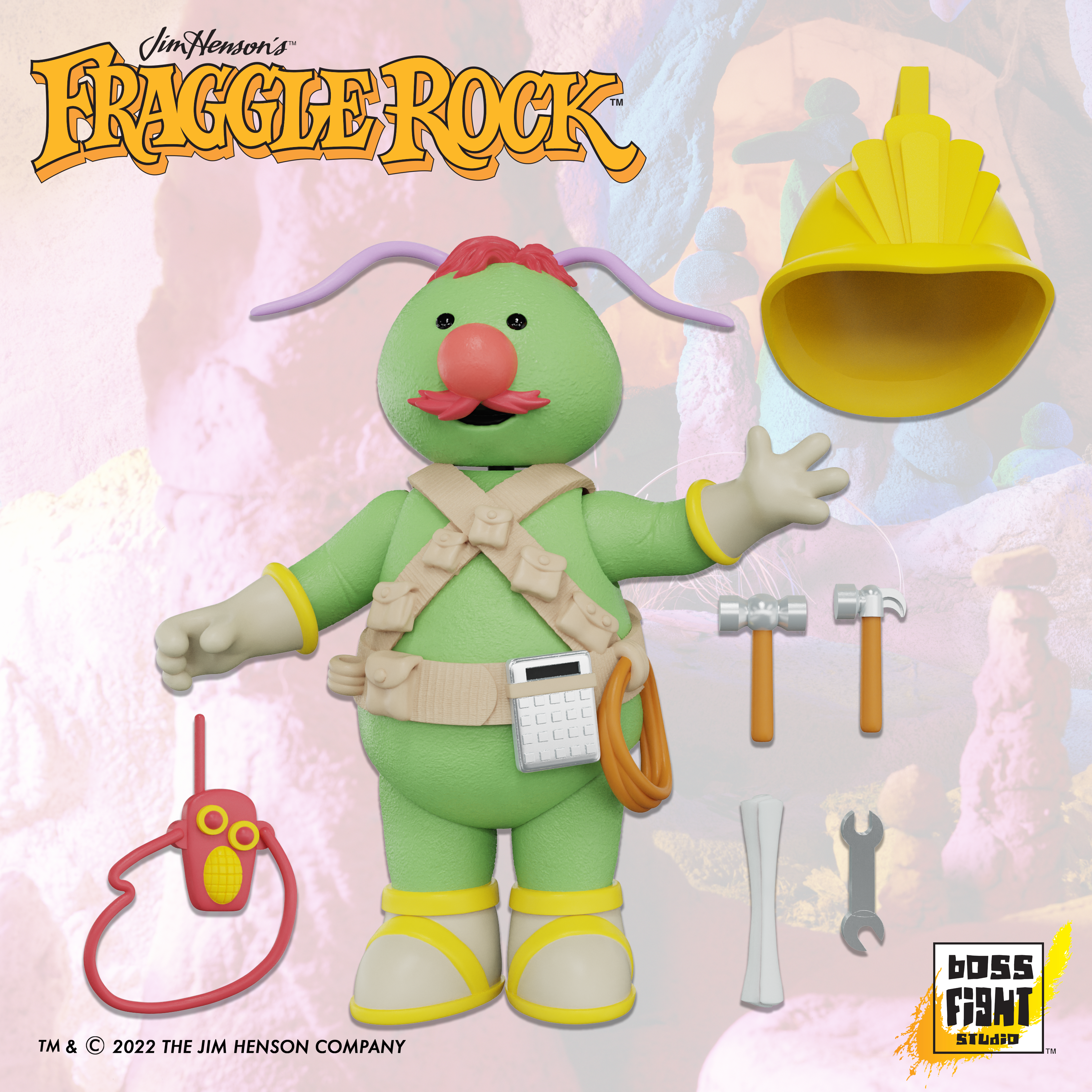 Boss Fight Studio Llc Fraggle Rock Flange Doozer figure with green skin, red hair, mustache, tool belt, and construction helmet accessories