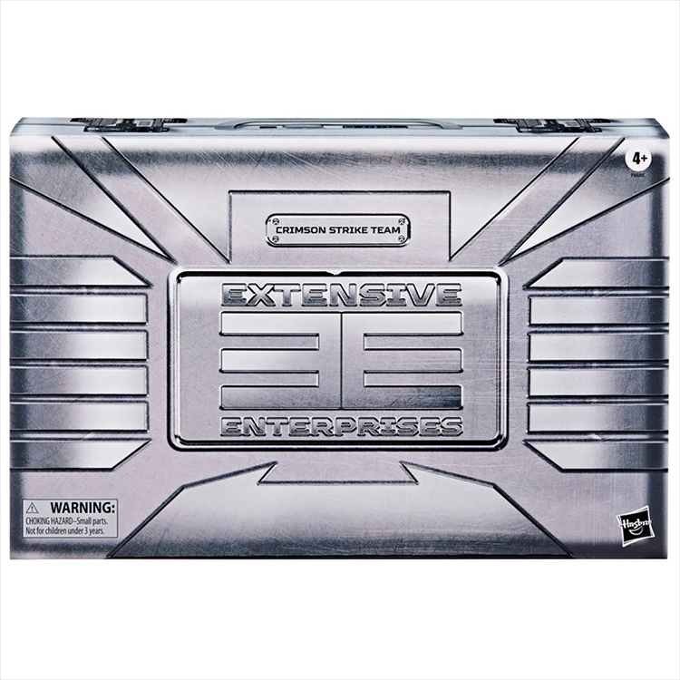 Hasbro GI Joe Classified Series Crimson Strike Team metal-style box with Extensive Enterprises logo and warning label