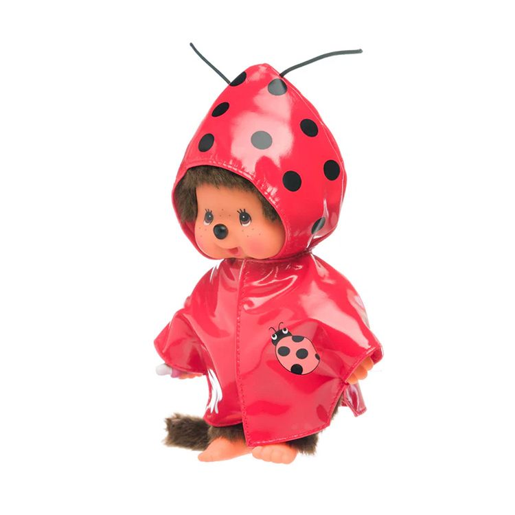 Official Sekiguchi 8-inch Monchhichi Girl doll in a Ladybug coat costume, often searched as a Monchichi ladybug plush.