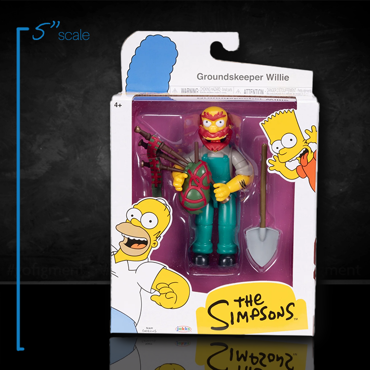 Jakks Pacific Groundskeeper Willie 5in Simpsons action figure with bagpipes and shovel in collector packaging