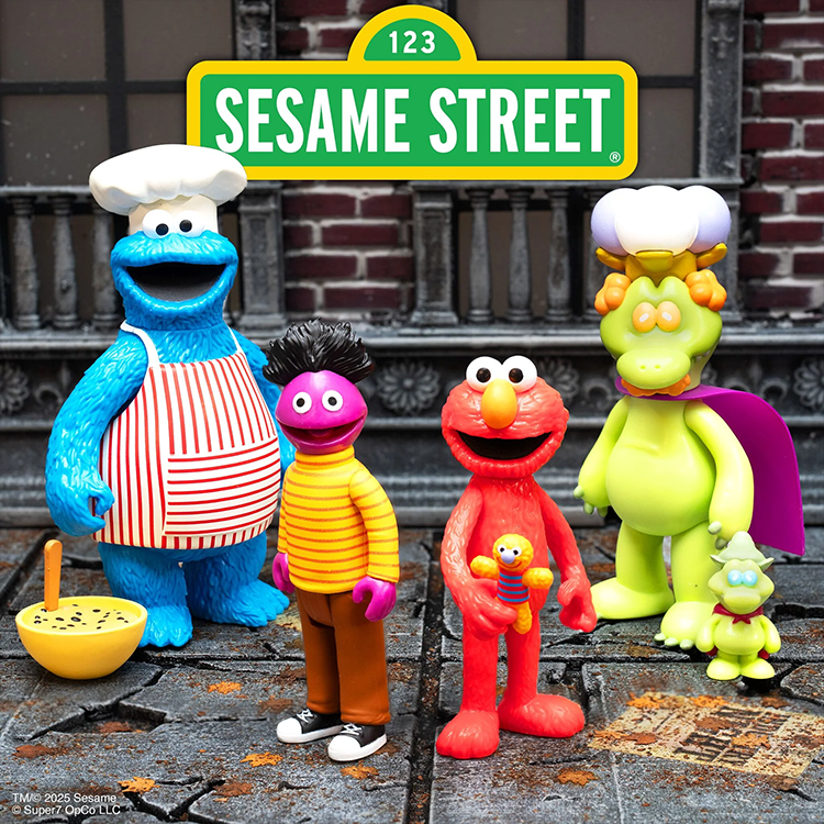 Sesame Street ReAction figures by Super7 including Cookie Monster chef, Ernie, Elmo with toy, and dragon characters displayed outdoors