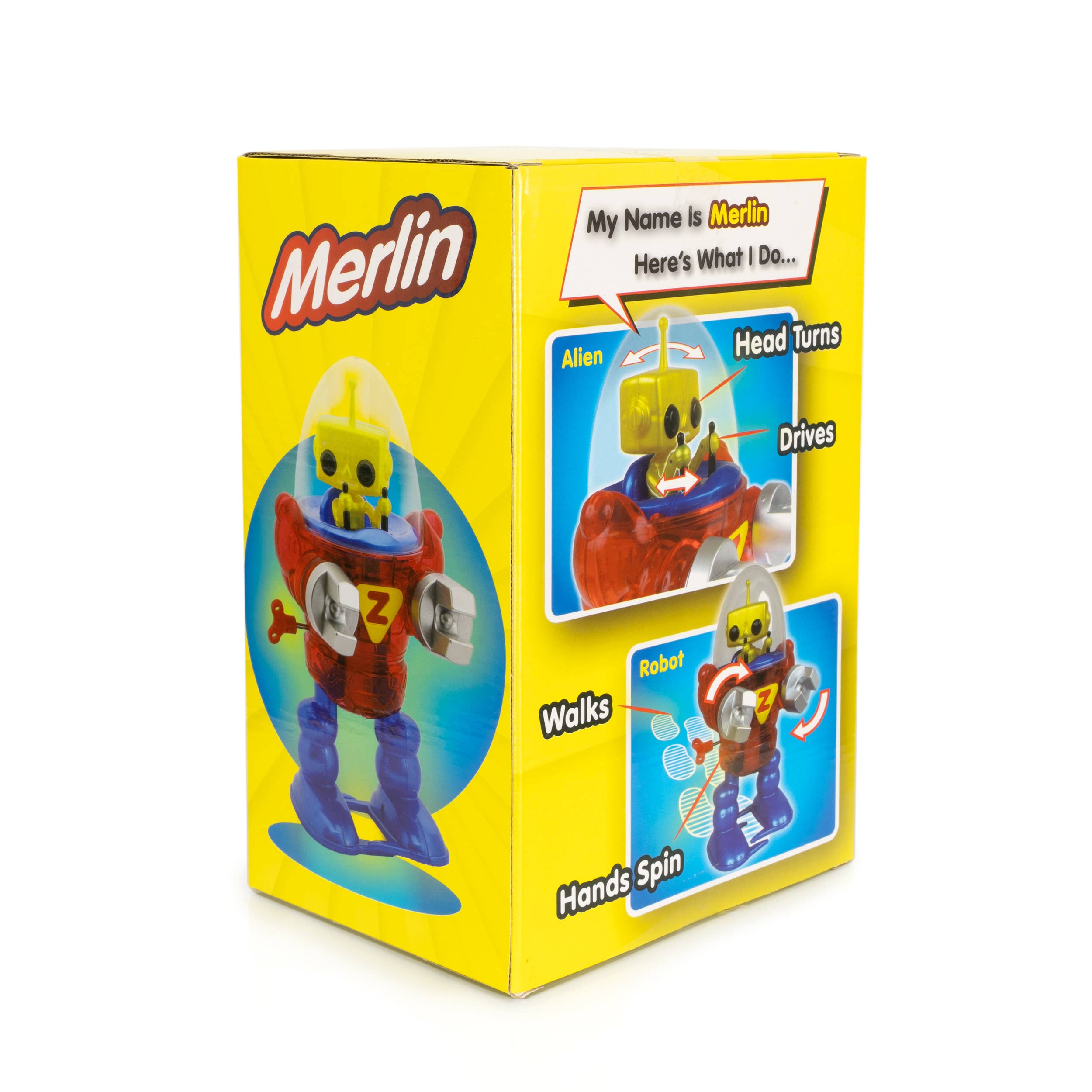 California Creations - Z Classics Robot, Merlin wind-up toy with translucent red body, blue legs, and yellow head in original box