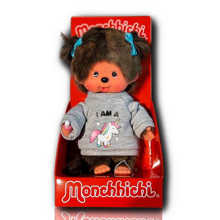 Official Sekiguchi 8-inch Monchhichi Girl Unicorn plush doll collectible, often searched as a pastel Monchichi toy.
