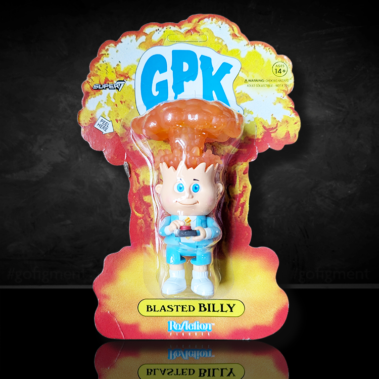 Garbage Pail Kids Blasted Billy ReAction Figure by Super7 in explosive mushroom cloud packaging display