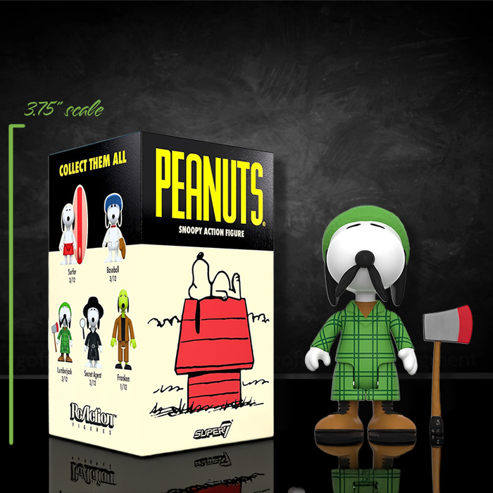 Super7 Peanuts 3.75-inch Lumberjack Snoopy action figure with green plaid outfit and mustache with axe and original box