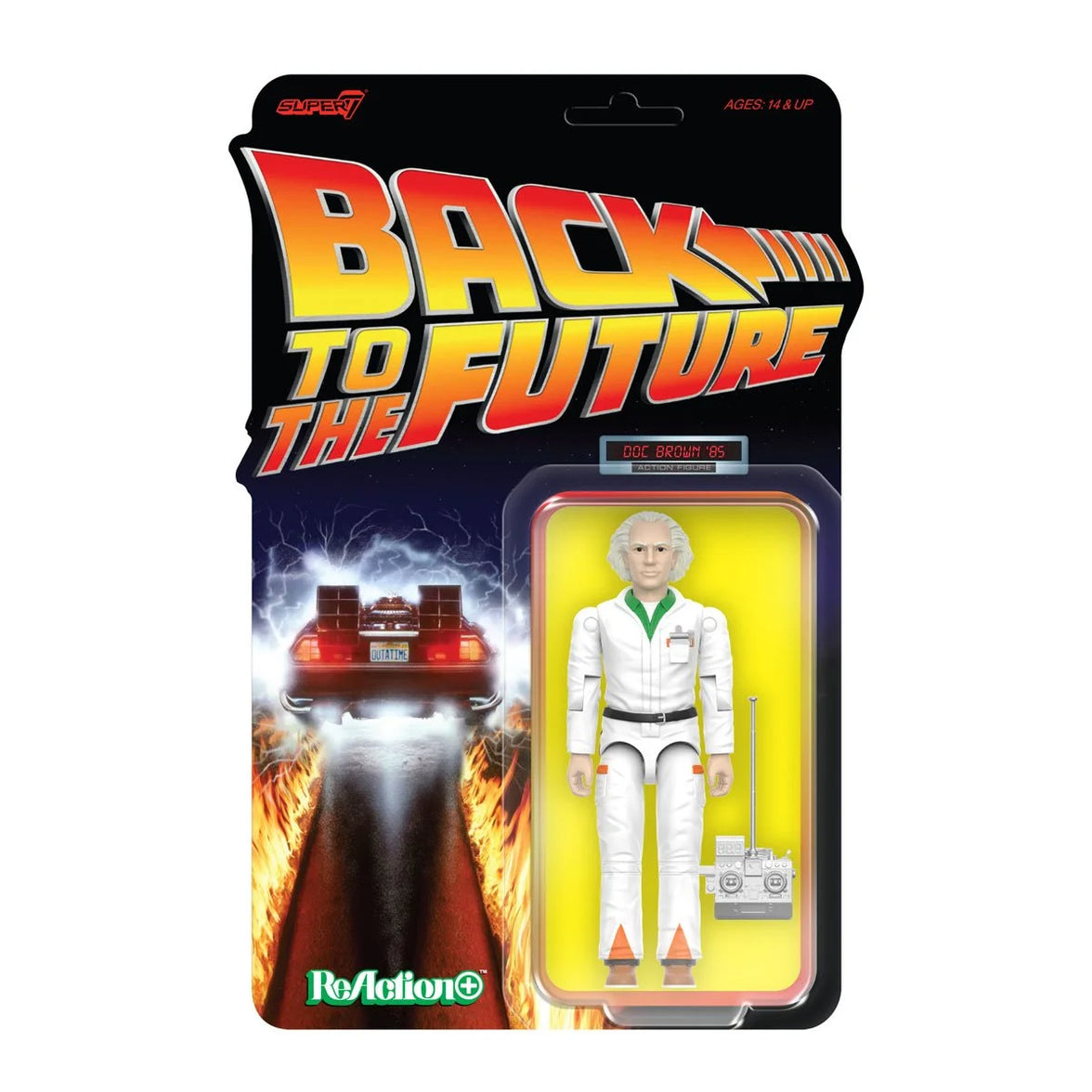 Super7 Back To The Future Doc Brown 1985 figure in white jumpsuit with remote control in blister card packaging